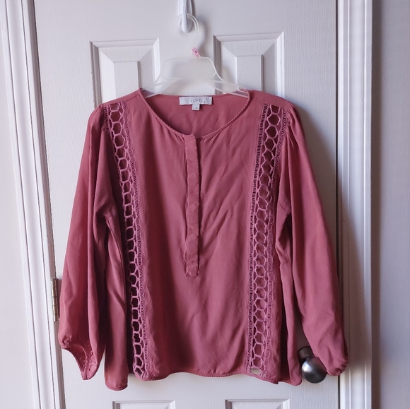 LOFT Tops - Ann Taylor LOFT - Red/Pink Blouse w/ Lace See-Through Panels